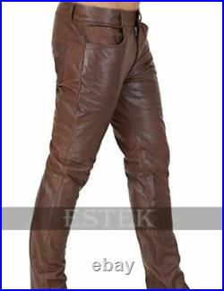Men's Real Pure Brown Leather Pant Luxury Trousers Slim Fit Biker Fashion Pants