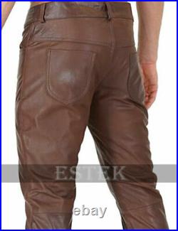 Men's Real Pure Brown Leather Pant Luxury Trousers Slim Fit Biker Fashion Pants
