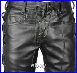 Men's Real Sheepskin Black Leather Lace Up Pant Moto Biker Trousers Vintage