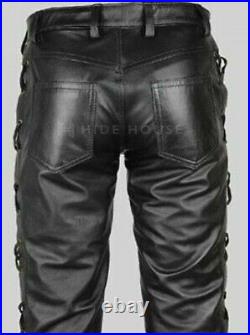 Men's Real Sheepskin Black Leather Lace Up Pant Moto Biker Trousers Vintage