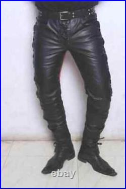 Men's Real Sheepskin Black Red Leather Lace Up Pant Moto Biker Trousers Vintage