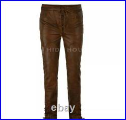 Men's Real Sheepskin Brown Leather Lace Up Antique Vintage Pant Biker Trousers