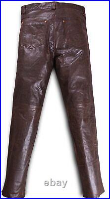 Men's Real Vintage Leather Bikers 5 Pockets 501 Style Leather Pants Bikers Jeans