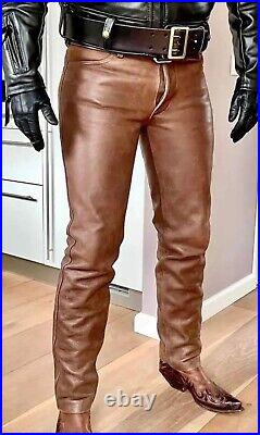 Men's Real Vintage Leather Bikers 5 Pockets Pants Vintage Leather Bikers Pants