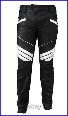 Men's Real White Accent Leather Motorcycle Bikers Pant Black Genuine Lambskin