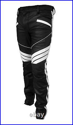 Men's Real White Accent Leather Motorcycle Bikers Pant Black Genuine Lambskin
