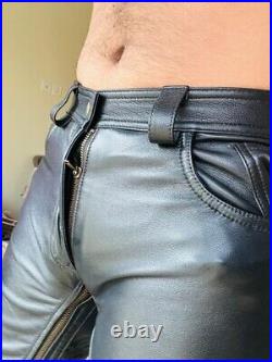 Men's Real sheep Leather Black Pants Gay sheep smooth Interest BLUF Pants
