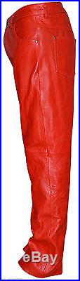 Men's Red 501 Genuine Hide Italian Real Leather Motorcycle Biker Jeans Trousers
