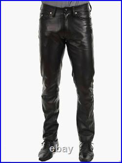 Men's Regular Fit Genuine Leather Pants Casual Biker Pants Lamb Skin