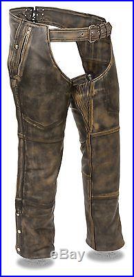 Men's Rub-Off Brown Leather Four Pocket Biker Chaps with Removable Thermal Liner