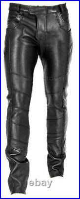 Men's Sheepskins Black Leather Pant Biker Flap Closure Jeans Elegant Trouser