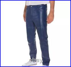 Men's Sheepskins Blue Leather Pant Biker Button Closure Jeans Elegant Trouser