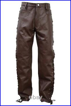 Men's Side Laces Motorbike Pant 5 Pockets Original Cow Leather Brown