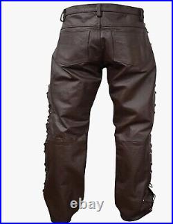 Men's Side Laces Motorbike Pant 5 Pockets Original Cow Leather Brown