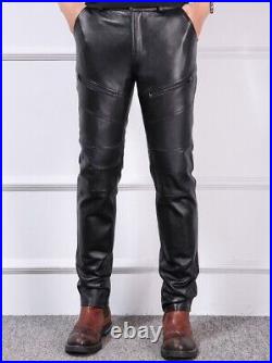 Men's Slim Fit Genuine Cow Leather Pants Casual Tight-Fit Trousers Biker Pants