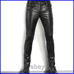 Men's Slim Fit Genuine Cowhide Leather Pants Tight Casual Trousers Pant