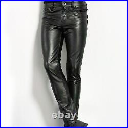 Men's Slim Fit Genuine Cowhide Leather Pants Tight Casual Trousers Pant