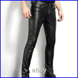 Men's Slim Fit Genuine Leather Pants Casual Lambskin Black Trousers Biker Pants