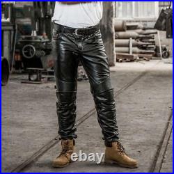 Men's Slim Fit Genuine Leather Pants Casual Tight-Fitting Trousers Biker Pants