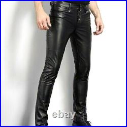 Men's Slim Fit Genuine Leather Pants Casual Tight Trousers Biker Pants Cow hide