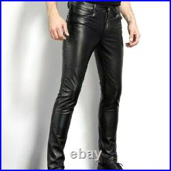 Men's Slim Fit Genuine Sheepskin Leather Pants Casual Tight Trousers Biker Pants