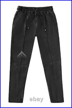 Men's Slim Fit Joggers Soft Lambskin Leather Trousers Jogging Bottom Pants 1073