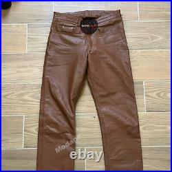 Men's Slim Fit Sheepskin Leather Pants Skinny Casual Tight Brown Biker Trousers