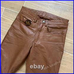 Men's Slim Fit Sheepskin Leather Pants Skinny Casual Tight Brown Biker Trousers