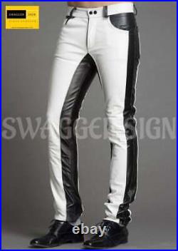 Men's Slim Fit White Black Leather Pants Tight-Fitting Trousers Biker Pants