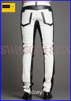 Men's Slim Fit White Black Leather Pants Tight-Fitting Trousers Biker Pants