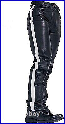 Men's Style Real Black Cow Leather with White Strips Pants Sleek & Sexy Jeans