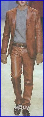 Men's Tan Brown Bespoke Custom Made Leather Slim Fit Suit Blazer Jacket Pant new