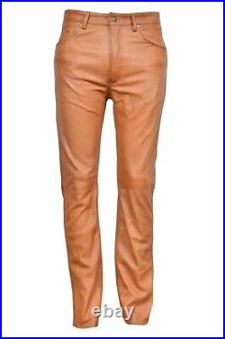 Men's Tan Brown Real Soft Leather Biker Pant/ 100% Leather Slim Fit Moto Pants