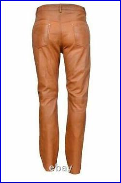 Men's Tan Brown Real Soft Leather Biker Pant/ 100% Leather Slim Fit Moto Pants