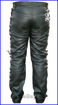 Men's Thick Cow Leather Side Laces Jeans Pant Biker