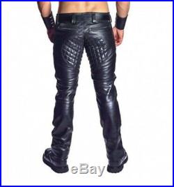 Men's Very Hot Pouch Style 100% Black Genuine Leather Pant With Part Quilts