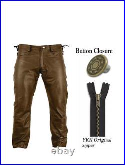 Men's Waist Side Short Laces Original Brown Leather Jeans Style Pant New