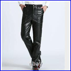 Men's Warm Leather Pants Slim Fit Straight Trousers Fleeces Lined Waterproof New