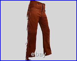Men's Western Cowboy Brown Leather Suede Native American Buckskin Fringed Pants