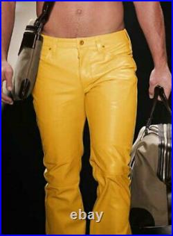 Men's Yellow leather pants lambskin dress pants sizes 28 30 32 34 36 38-MP006