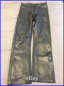 Men's black leather pants withlacing and gray piping