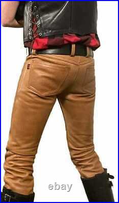 Men's brown Genuine Leather Gay BLUF Style Jeans Motorbike, Cowboy Pant Western