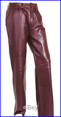 Men's burgundy leather dress pants pleat front genuine leather