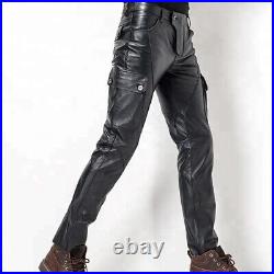 Men's genuine Black leather motorbike racing leather pants cargo leather pants