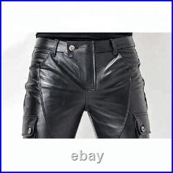 Men's genuine Black leather motorbike racing leather pants cargo leather pants