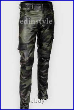 Men's genuine cowhide camo pant real Leather Gay Trousers Military Style Trouser