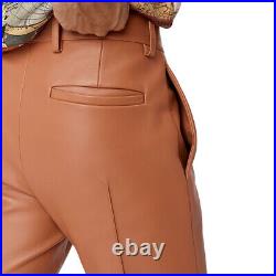 Men's genuine leather stacked high waisted brown plus size men leather pants SSS