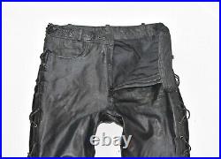 Men's lace Up Real Leather Biker Motorcycle Black Trousers Pants Size W31 L31