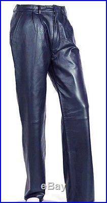 Men's navy leather dress pants pleat front genuine leather