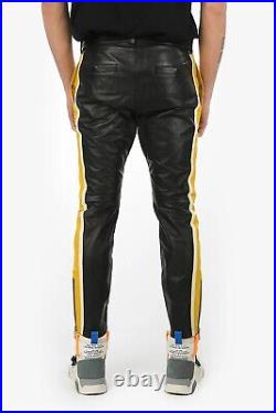 Men's real Leather Bikers Pants Black Yellow &White Contrast Leather Biker Pants